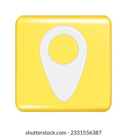 Realistic 3d yellow square shape with location map pin gps pointer marker sign. Decorative square button icon, button symbol element. Abstract vector illustration isolated on white background