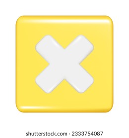 Realistic 3d yellow square shape with multiply or cross sign. Decorative square button icon, button symbol with education maths element. Abstract vector illustration isolated on white background