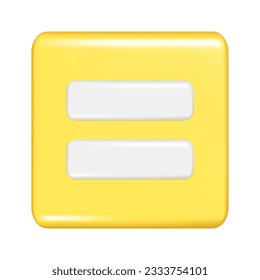 Forma cuadrada real 3d amarilla con signo igual. Icono de botón cuadrado decorativo, símbolo de botón con elemento matemáticas educativas. Ilustración del vector abstracto aislada en fondo blanco