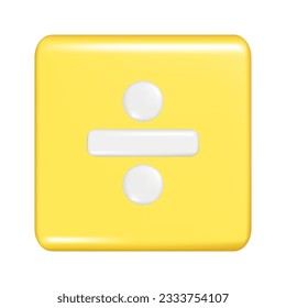 Realistic 3d yellow square shape with division sign. Decorative square button icon, button symbol with education maths element. Abstract vector illustration isolated on white background