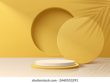 Realistic 3D yellow and white cylinder podium pedestal with round circle window background. Coconut leaf shadow. Abstract minimal scene mockup products display. Stage showcase. Vector geometric forms.