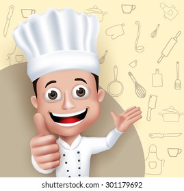 Realistic 3D Young Friendly Professional Chef Cook Character in Restaurant Uniform Happy Serving Food Menu in Cooking Pattern Background. Vector Illustration