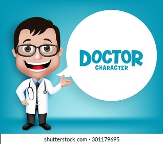 Realistic 3D Young Friendly Professional Doctor Medical Character Speaking Prescription in Patient. White Space for Message. Vector Illustration