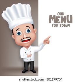 Realistic 3D Young Friendly Professional Chef Cook Character in Restaurant Uniform Happy Presenting Menu for Today White Space for Message. Vector Illustration