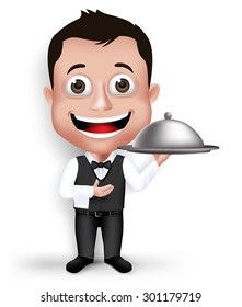 Realistic 3D Young Friendly Professional Waiter in Formal Attire Happy Serving Food in Restaurant Isolated in White Background. Vector Illustration