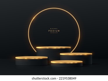 Realistic 3Dblack, gold steps cylinder pedestal podium set with golden ring background. Abstract luxury minimal scene mockup products display. Black friday sale stage showcase. Vector geometric forms.