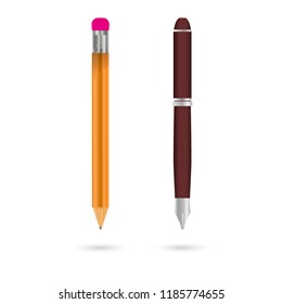 Realistic 3-dimensional set of pen and pencil office or school office accessory near-size.