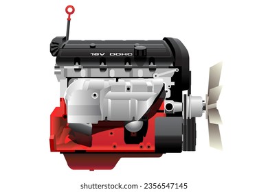 Cilindro realista 4 en línea con doble árbol de levas y radiador de acoplamiento viscoso tipo ventilador de refrigeración gasolina tipo vector de ilustración del motor de combustión interna.