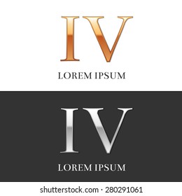 Realistic 4, IV, Luxury Gold and Silver Roman numerals, sign, logo, symbol, icon, graphic, vector.