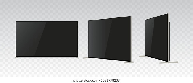 Realistic 4K Ultra HD OLED Smart TV Mockup: Front, Side, and Perspective Views of Slim, Chic Design with Blank Screen. Vector Television Graphic