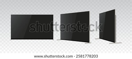 Realistic 4K Ultra HD OLED Smart TV Mockup: Front, Side, and Perspective Views of Slim, Chic Design with Blank Screen. Vector Television Graphic