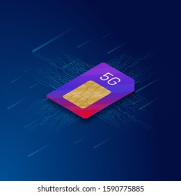 Tarjeta Sim realista 5G sobre el fondo del circuito azul para el concepto de servicio de Internet de red móvil.