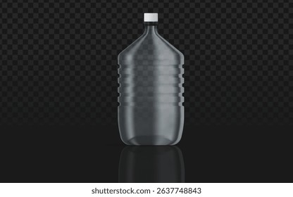 Realistic 5-liter PET water bottle with ribbed body and white cap, ideal for bulk liquid packaging, industrial mockups, or commercial branding. 3D vector with reflective base.