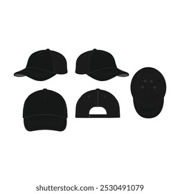 Realistic 5-Panel Trucker Cap Mockup Set - Ideal for Headwear Design Illustrations with Various Angles of Black Caps and Baseball Hats