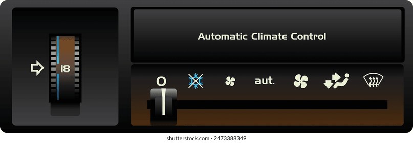 Realistic 80s era car automatic climate control panel with degree Celsius temp adjusting knob illustration vector.