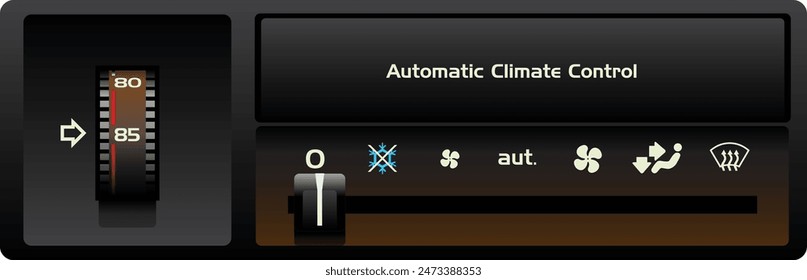 Realistic 80s era car automatic climate control panel with degree Fahrenheit temp adjusting knob illustration vector.