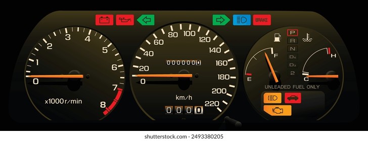 Realistic 80s era European specs sport lift back car instrument panel with programmed fuel injection and automatic transmission illustration vector.