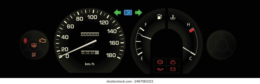 Realistic 80s era Japanese car lower trim without tachometer night instrument panel illustration vector.