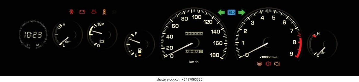 Realistic 80s era Japanese car sport trim with voltmeter and oil pressure gauge included digital clock night instrument panel illustration vector.