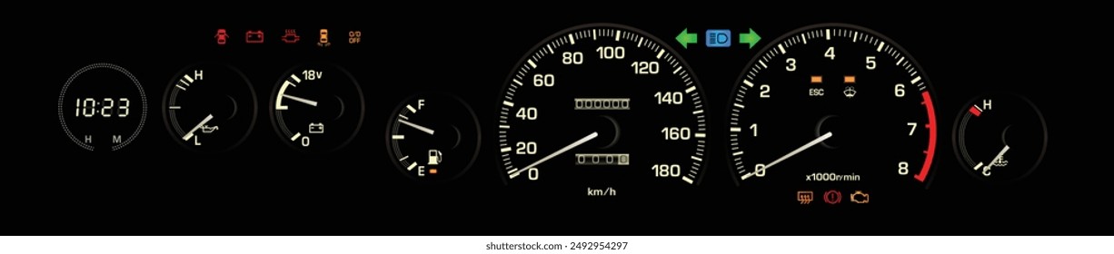 Realista 80s era japonesa coche de lujo con voltímetro y medidor de presión de aceite incluido reloj digital noche panel de instrumentos incluido líquido lavadora y antibloqueo freno advertencia ilustración Vector.