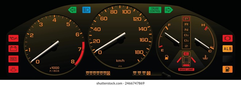 Realistic 80s era Japanese specs sport coupe car instrument panel with automatic gear position light illustration vector.