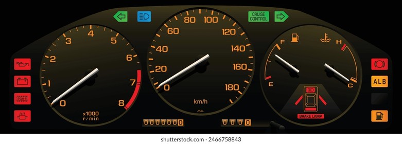 Realistic 80s era Japanese specs sport coupe car instrument panel with manual gearbox and antilock braking system illustration vector.