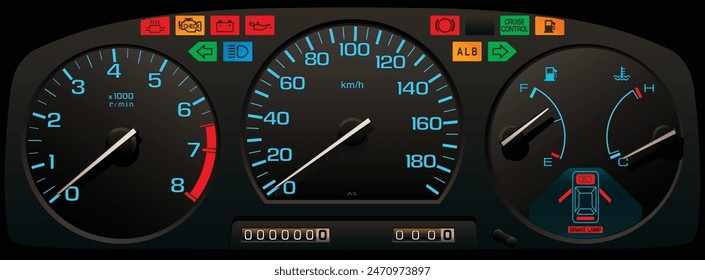 Realistic 80s era Japanese specs sport coupe car instrument panel illustration vector.