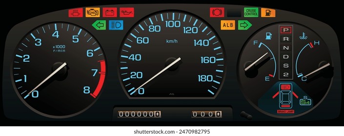 Realistic 80s era Japanese specs sport coupe car instrument panel with automatic gear position light and sport mode illustration vector.