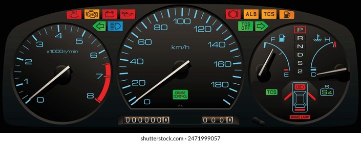 Realistic 80s era Japanese specs sport coupe car instrument panel with automatic gear position light and sport mode include traction control and cruise control light illustration vector.