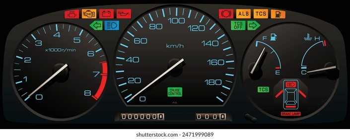 Realistic 80s era Japanese specs sport coupe car instrument panel with traction control and cruise control light illustration vector.