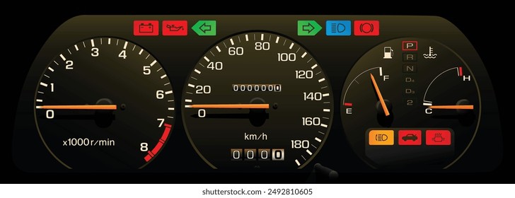 Realistic 80s era Japanese specs middle trim sport lift back car instrument panel with carburetor engine and automatic transmission illustration vector.