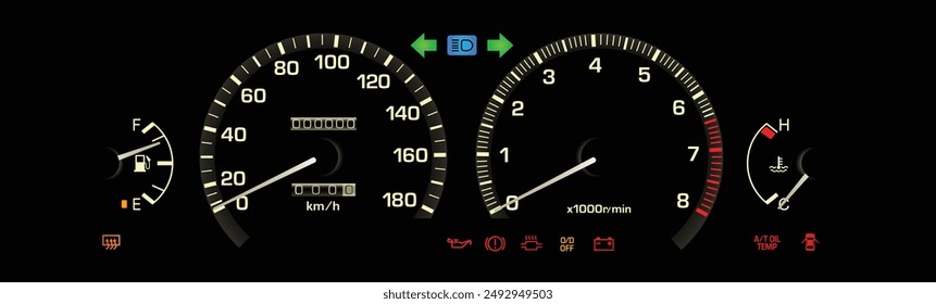 Realistic 80s era Japanese specs top trim compact sedan car instrument panel with carburetor engine and automatic transmission full time 4 wheel drive illustration vector.