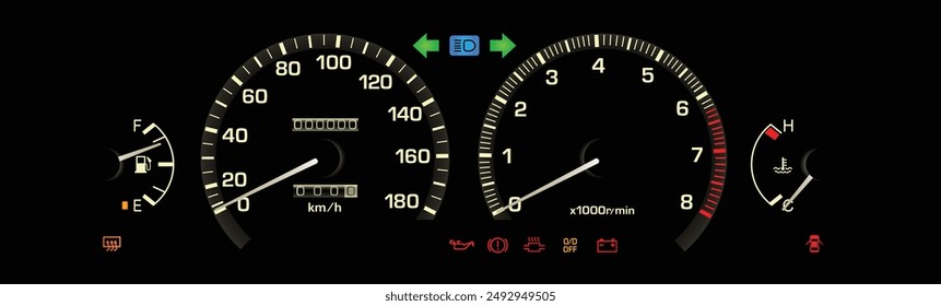 Realistic 80s era Japanese specs top trim compact sedan car instrument panel with carburetor engine and automatic transmission illustration vector.