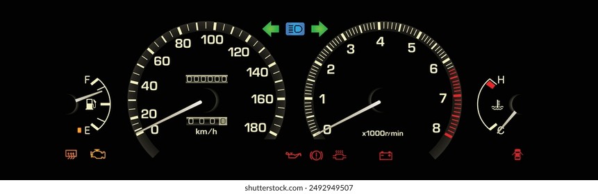 Realistic 80s era Japanese specs top trim compact sedan car instrument panel with electronic fuel injection engine and manual transmission illustration vector.