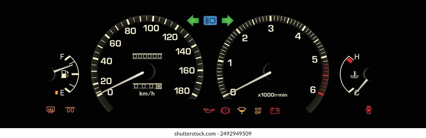 Realistic 80s era Japanese specs top trim compact sedan car instrument panel with diesel engine and automatic transmission illustration vector.