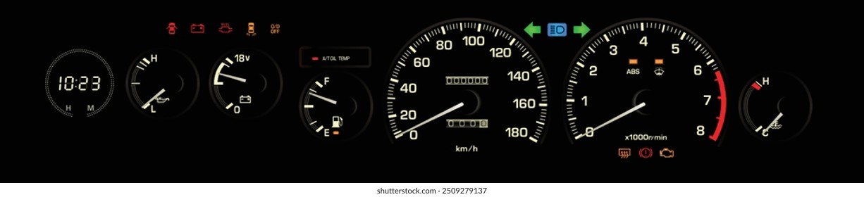 Realistic 80s era Japanese specs top trim compact wagon car instrument panel with electronic fuel injection engine and 4 wheel drive automatic transmission fully function illustration vector.