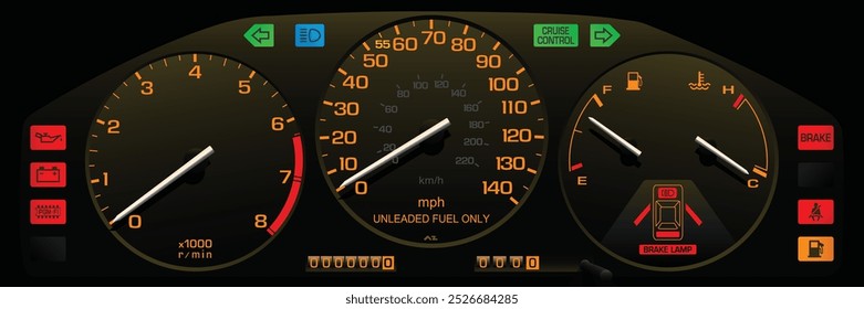 Realistic 80s era  Japanese sport coupe car in US specs instrument panel with manual gear position light illustration vector.