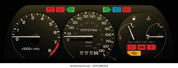 Realistic 80s era U.S. specs sport lift back car instrument panel with programmed fuel injection and manual transmission included seatbelt warning light illustration vector.