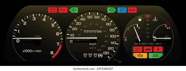 El panel de instrumentos de la parte trasera del coche de la era realista de los 80s de las Especificaciones de los E.E.U.U. con la inyección programada del combustible y la transmisión automática incluyó el control de crucero y el Vector de la ilustración de la luz del cinturón de seguridad.