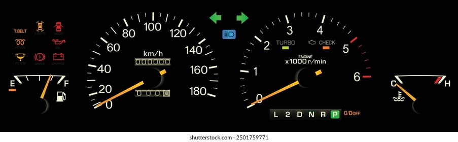 Realistic 80s Japanese executive car instrument panel in turbo diesel engine specification with automatic transmission illustration vector.