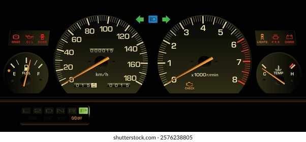 Realistic 80s Japanese mid size car gauge cluster in gasoline electronic injected fuel engine and automatic gearbox specs with front stage effect illumination illustration vector.