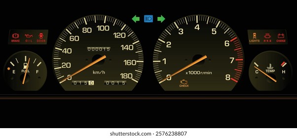 Realistic 80s Japanese mid size car gauge cluster in gasoline electronic injected fuel engine and manual gearbox specs with front stage effect illumination illustration vector.