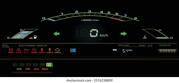 Realistic 80s Japanese mid size car digital cluster in gasoline electronic injected fuel engine and electronically control automatic gearbox specs illustration vector.