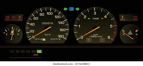 Realistic 80s Japanese mid size car gauge cluster in turbo diesel engine and automatic gearbox specs with front stage effect illumination illustration vector.