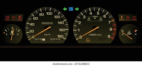 Realistic 80s Japanese mid size car gauge cluster in gasoline electronic injected fuel engine and manual gearbox specs with front stage effect lighting illustration vector.