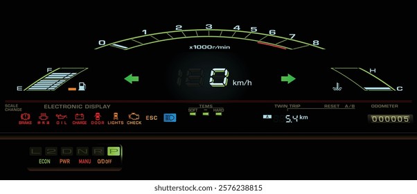 Realistic 80s Japanese mid size car digital cluster in gasoline electronic injected fuel engine and electronically control automatic gearbox specs and electronic damper illustration vector.