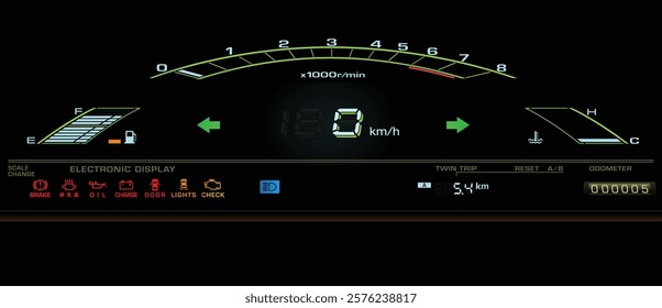 Realistic 80s Japanese mid size car digital cluster in gasoline electronic injected fuel engine and manual gearbox specs illustration vector.