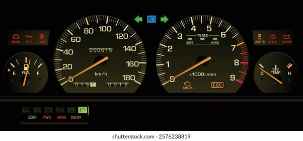 Realistic 80s Japanese mid size car gauge cluster in gasoline electronic injected fuel engine and electronically control automatic gearbox specs with front stage effect lighting illustration vector.