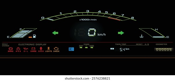 Realistic 80s Japanese mid size car digital cluster in gasoline electronic injected fuel engine and manual gearbox specs and electronic damper illustration vector.