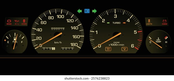 Realistic 80s Japanese mid size car gauge cluster in turbo diesel engine and manual gearbox specs with front stage effect illumination illustration vector.